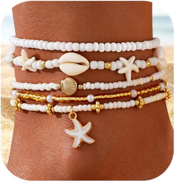 Shall Shell Boho Shell Ankle Bracelet Set for Women, 5 Pairs 14K Boho Bead Handmade Adjustable Anklet, Hawaiian Beach Seashell Starfish Foot Jewelry Gifts - Image 1